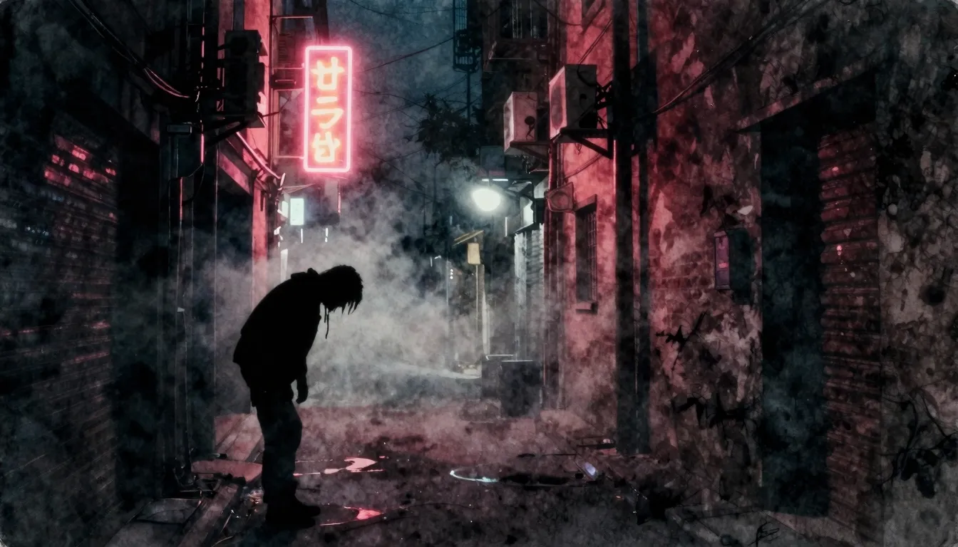 Watercolor style. Dark urban alleyway at night, glowing neon...