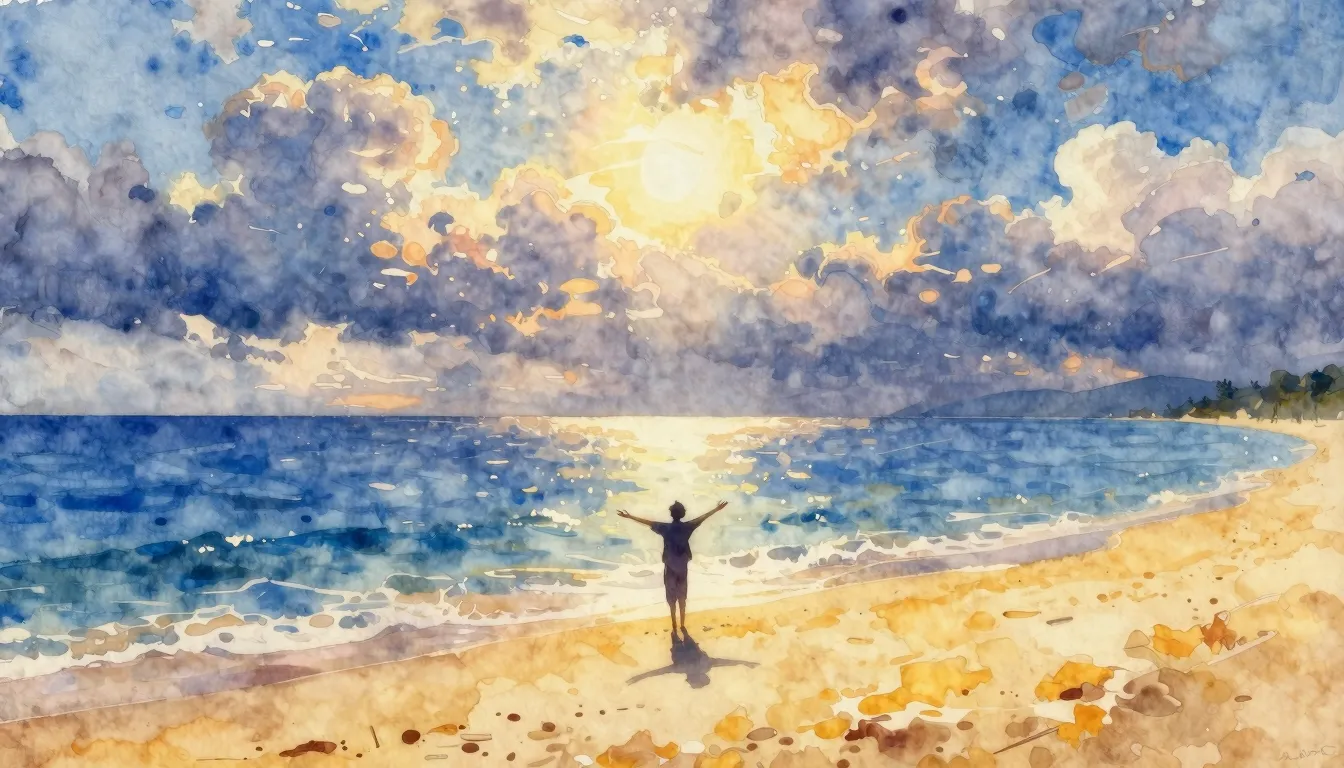 Vibrant watercolor style. A serene landscape featuring a vas...