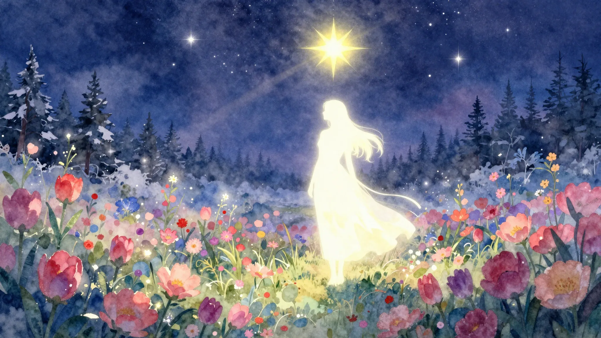 Vibrant watercolor style. A glowing silhouette of a woman st...