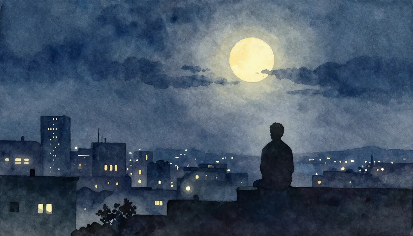 Vibrant watercolor style. Melancholic city landscape at nigh...