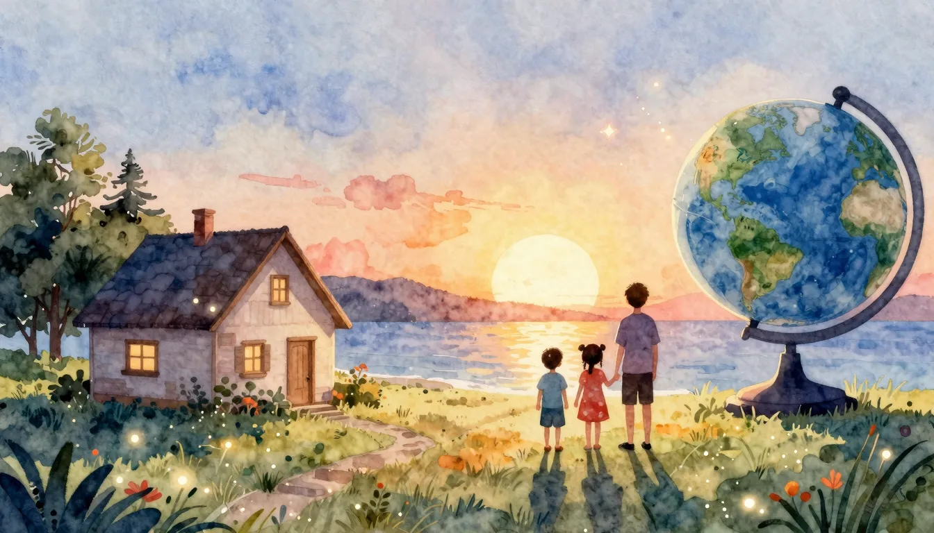Watercolor style. A beautiful landscape with a cozy house on...