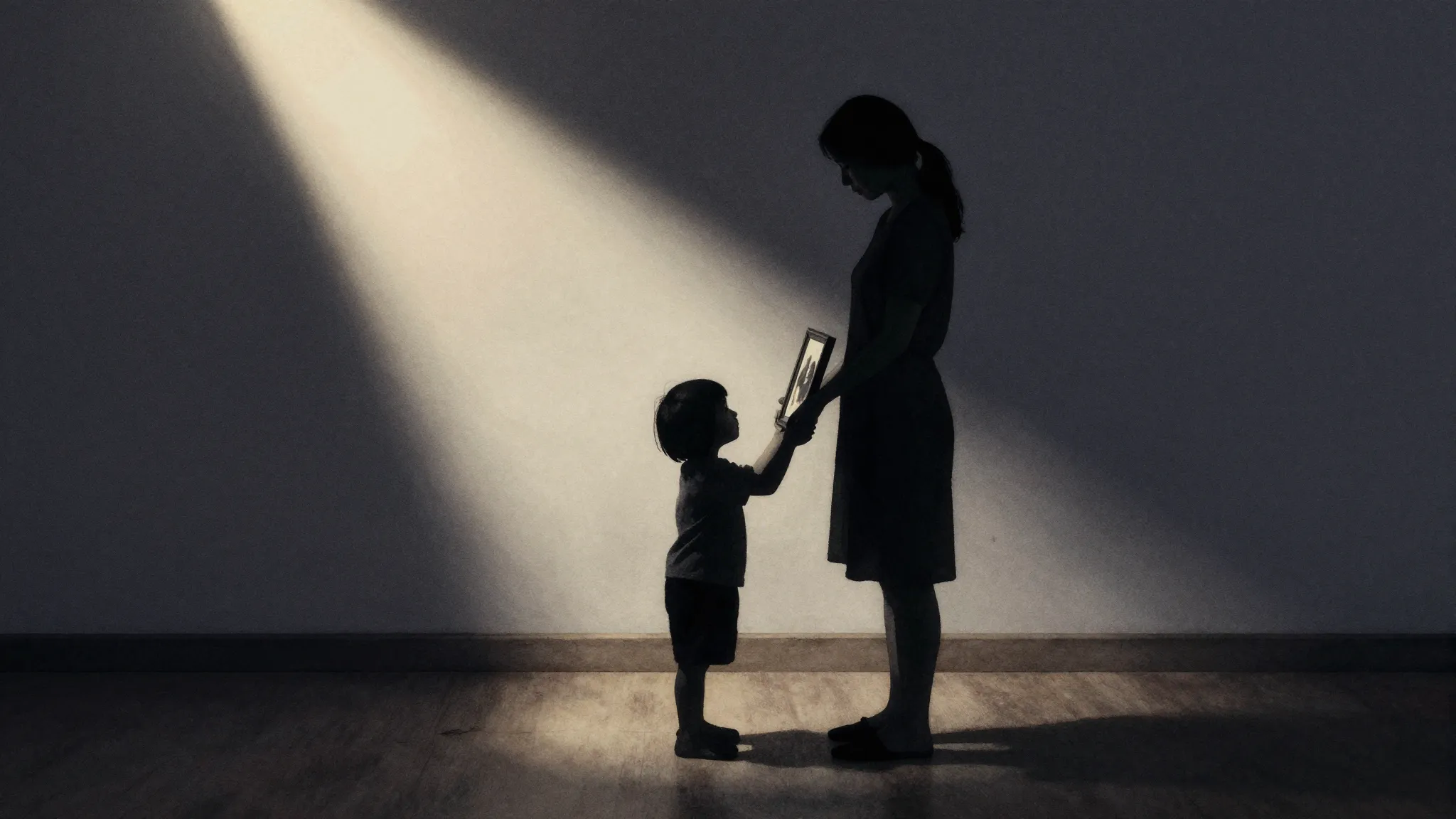 Watercolor style. Silhouette of a mother and a small child h...