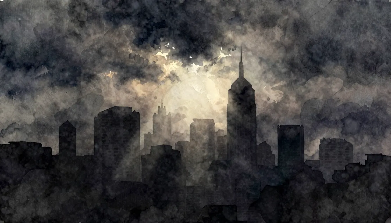 Watercolor style. A dark silhouette of a city skyline under ...
