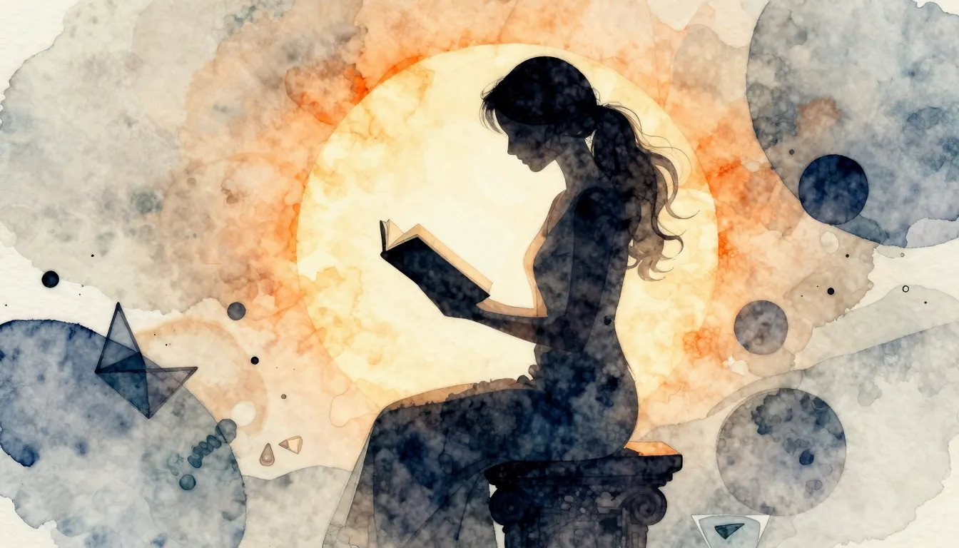 Watercolor style. A silhouette of a graceful woman reading a...