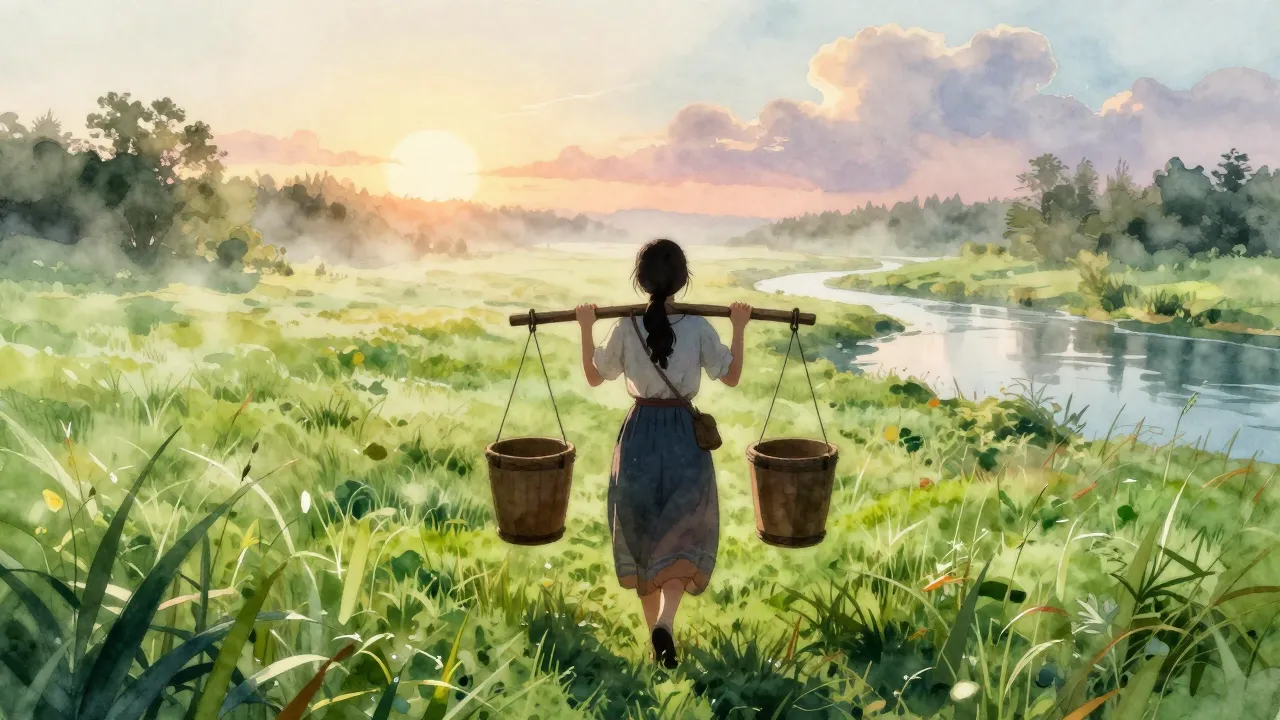 Vibrant watercolor style. A young woman's silhouette carryin...