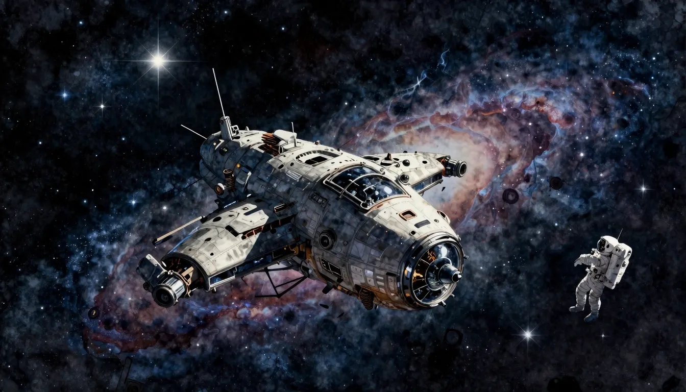 Watercolor style. Dark deep space, glowing stars, broken spa...