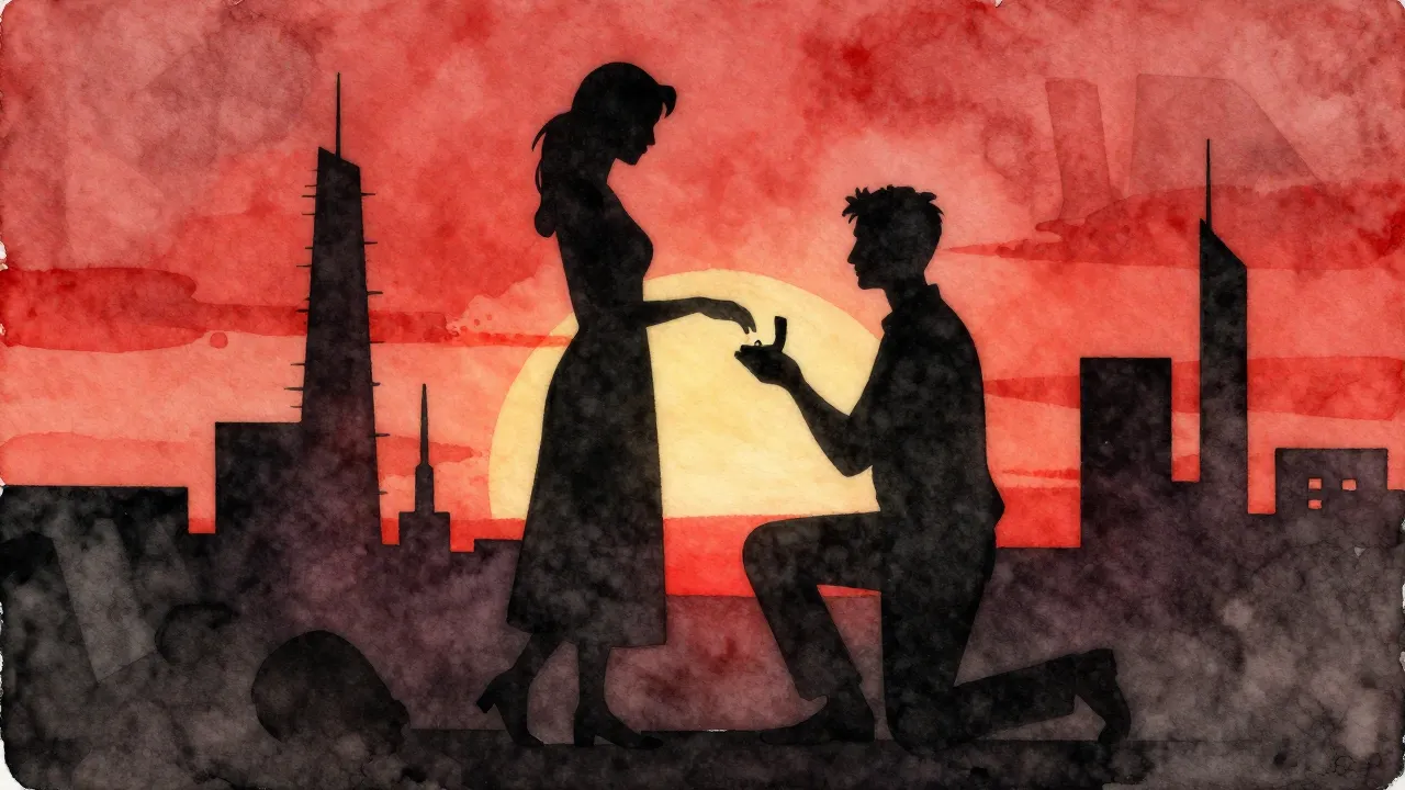 Watercolor style. A silhouette of a man kneeling before a wo...
