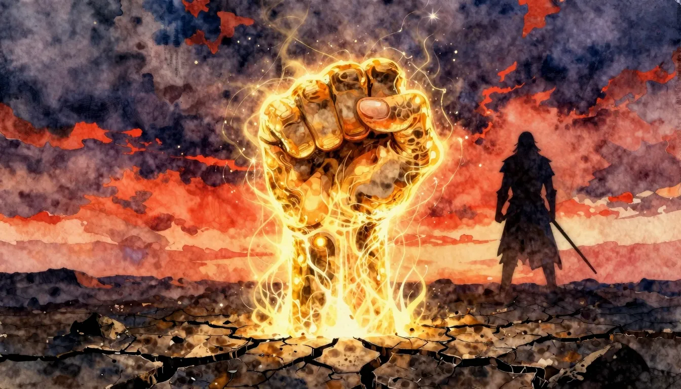 Vibrant watercolor style. Dramatic rock album cover, a power...