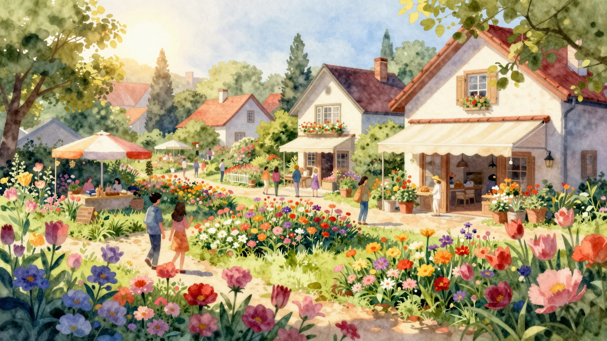Watercolor style. A vibrant flower festival in a cozy villag...