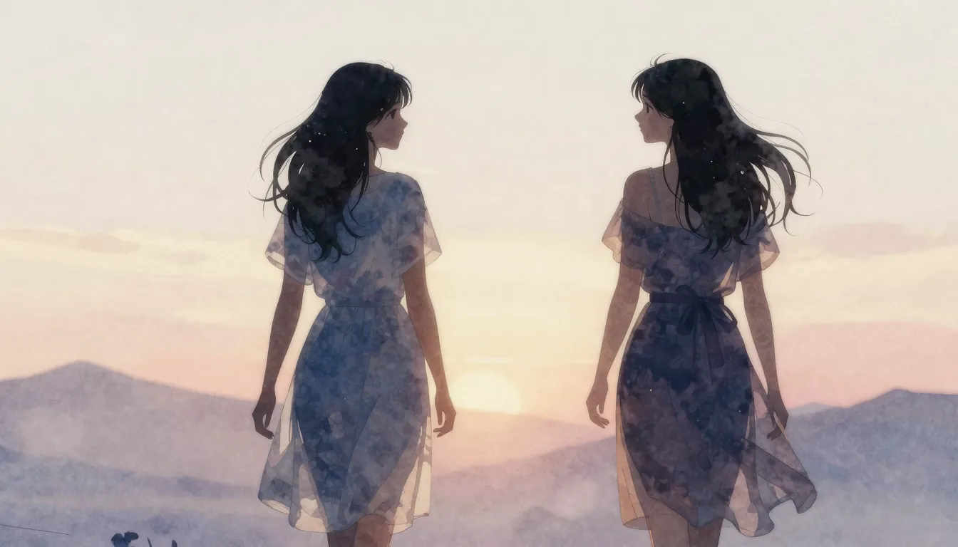 Watercolor style. Silhouettes of two female friends walking ...