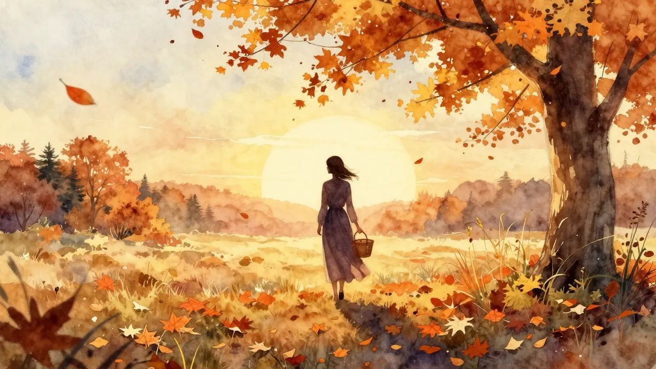Watercolor style. Autumn landscape with falling leaves, a si...