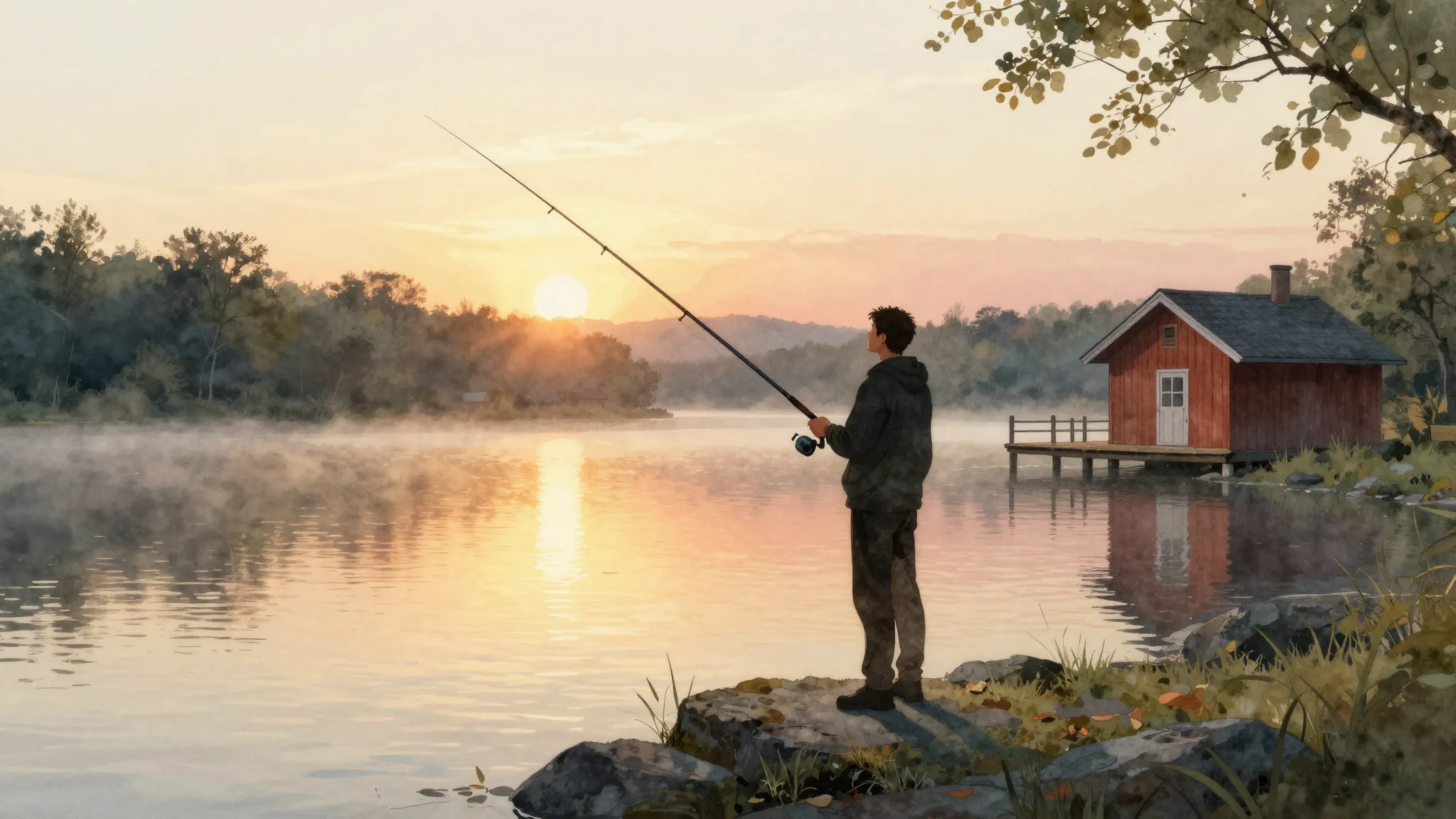 Watercolor style. A silhouette of a man fishing by a calm la...
