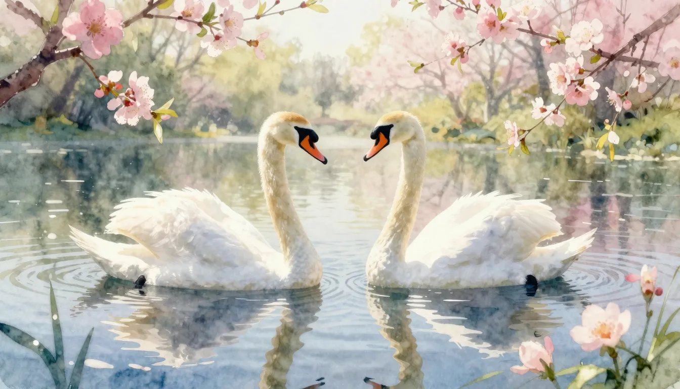 Vibrant watercolor style. Two elegant white swans gracefully...