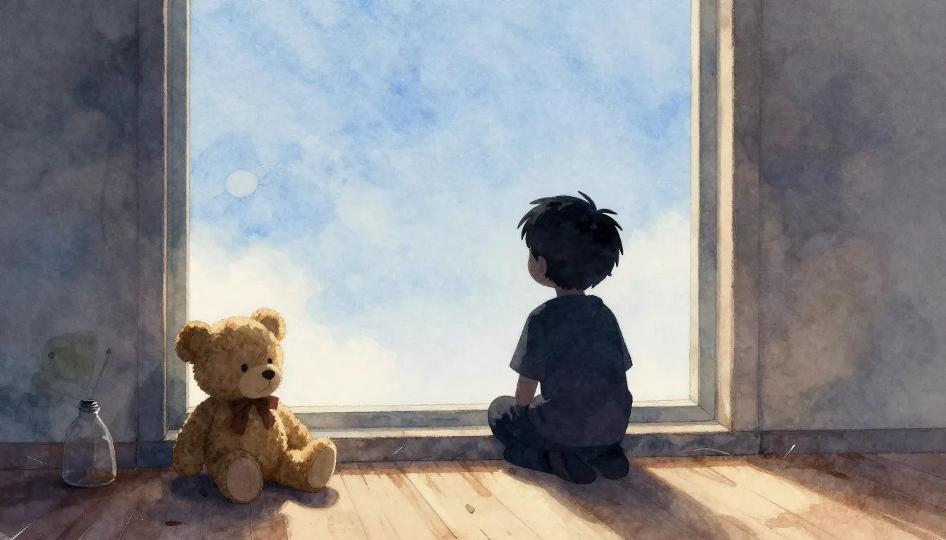 Watercolor style. Silhouette of a lonely child looking out a...