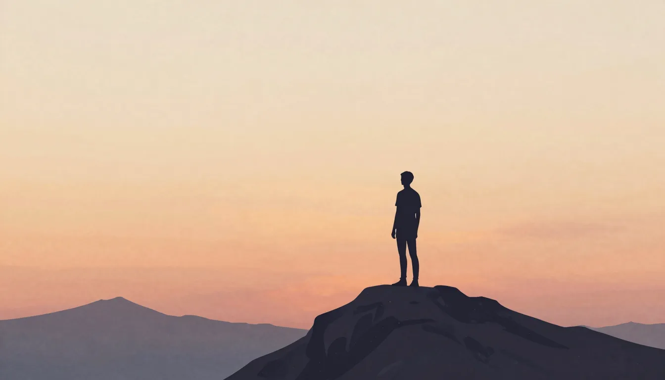 Watercolor style. A silhouette of a person standing on a mou...