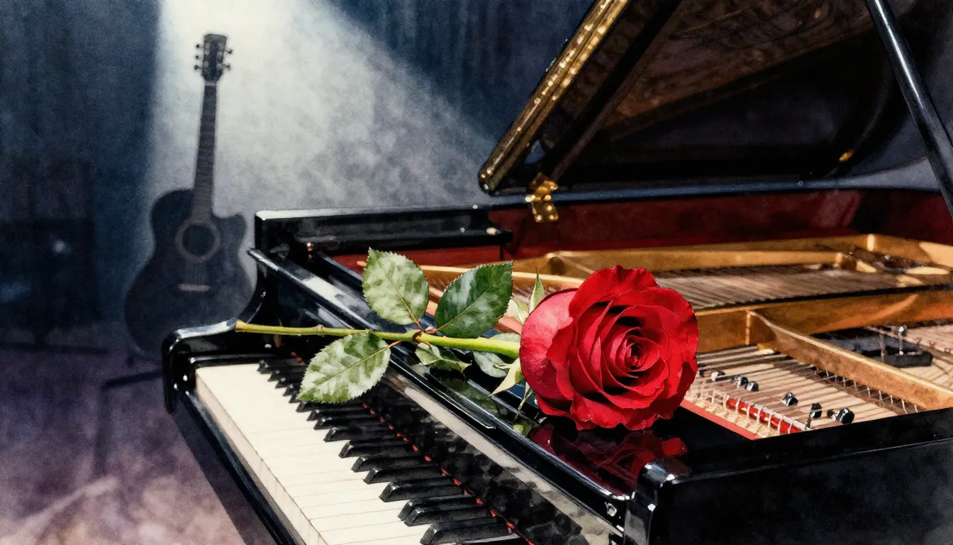 Watercolor style. A single red rose lying on a black grand p...