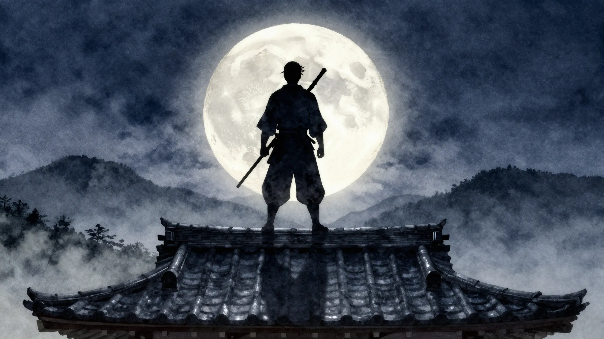 Watercolor style. A dark silhouette of a ninja standing on a...
