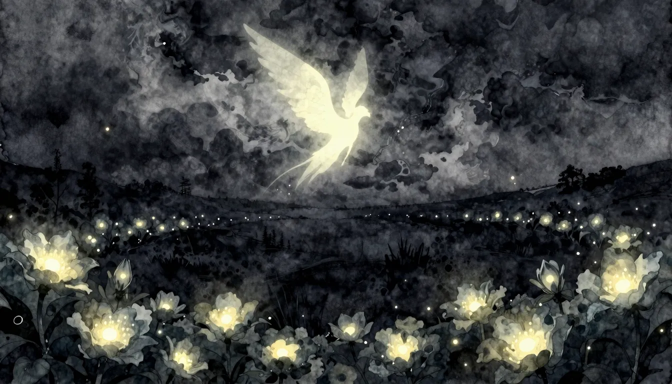Watercolor style. A dark abyss with glowing flowers at the e...
