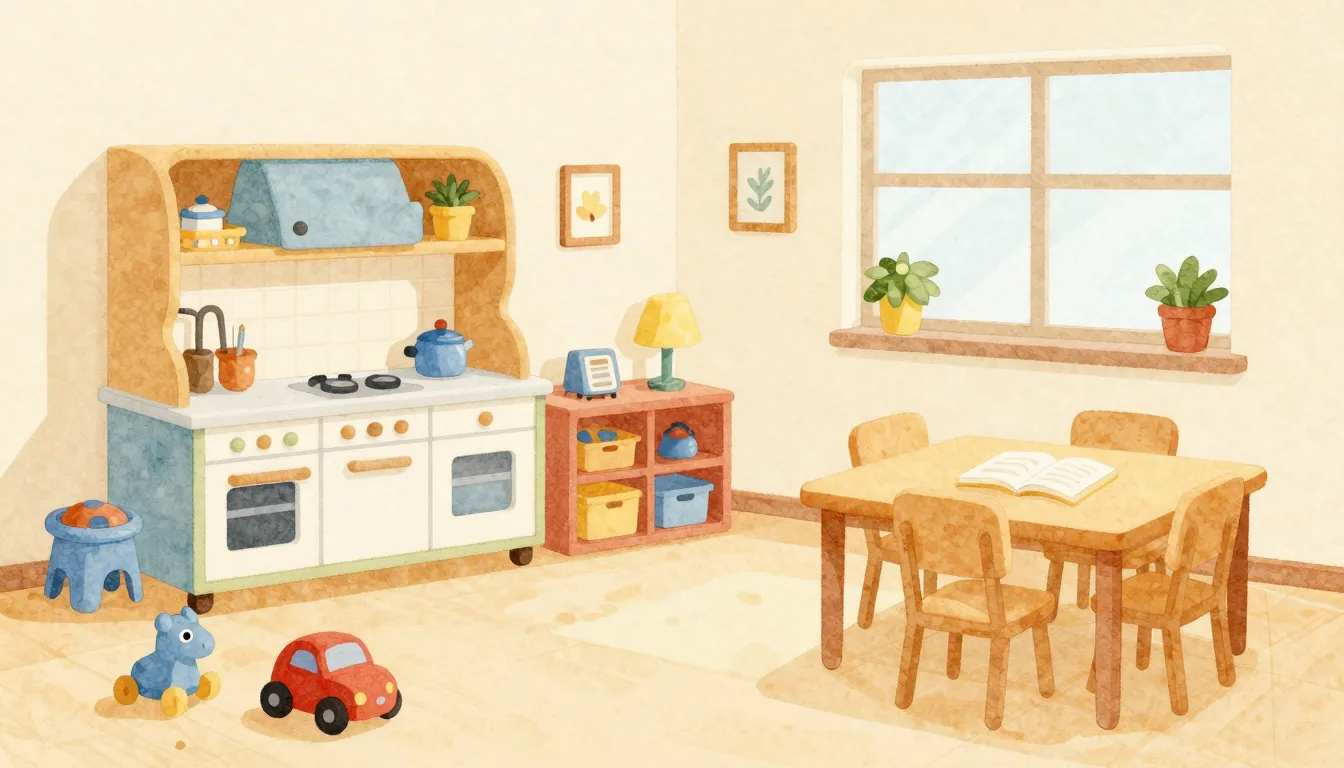 Watercolor style. A cozy kindergarten room with toys, a smal...