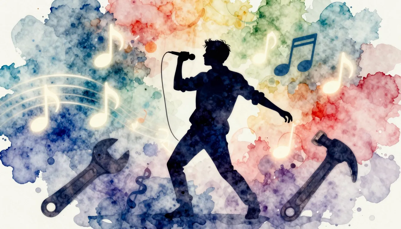 Watercolor style. Silhouette of a young man dancing and hold...