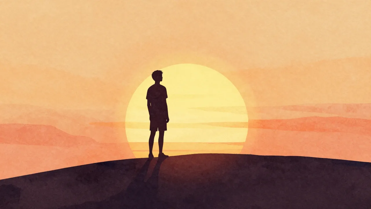 Watercolor style. A silhouette of a person standing on a hil...