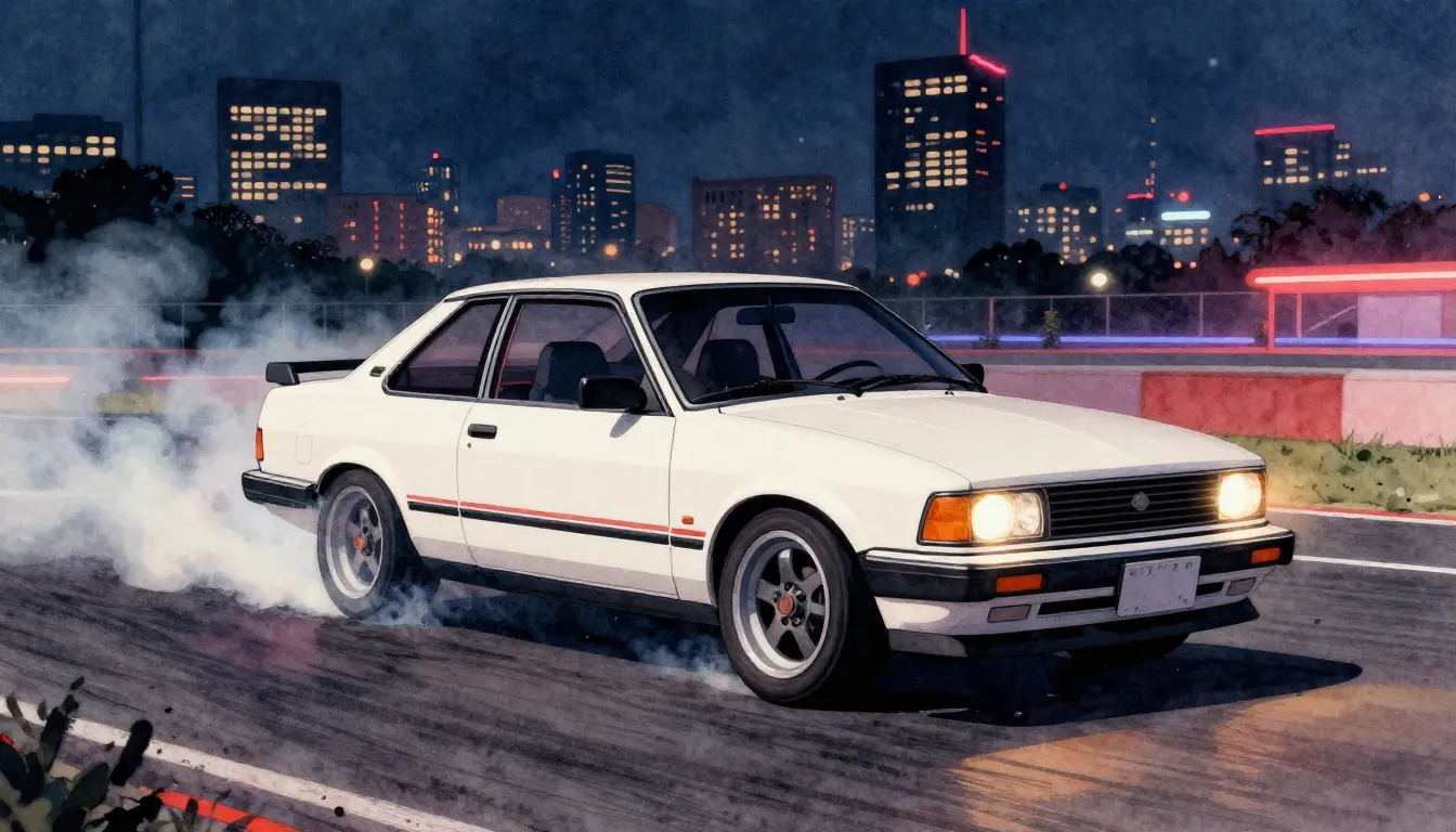 Watercolor style. A sleek white retro sedan drifting on a ne...