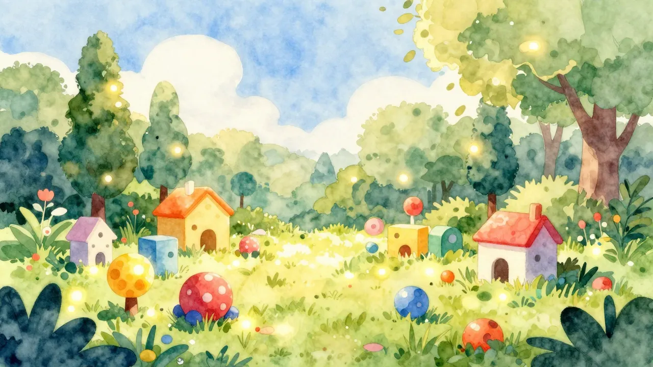 Watercolor style. Bright sunny day in a magical garden, colo...