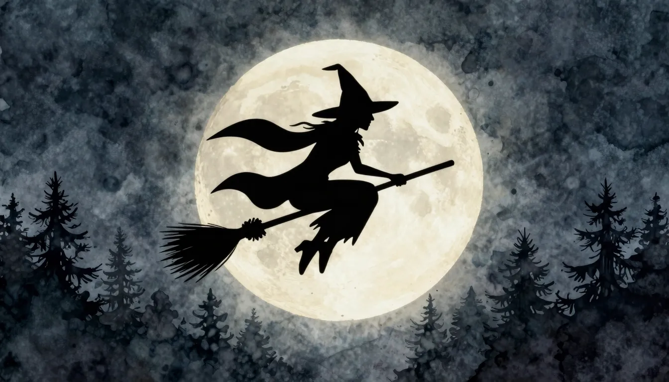 Watercolor style. A silhouette of a witch flying on a brooms...