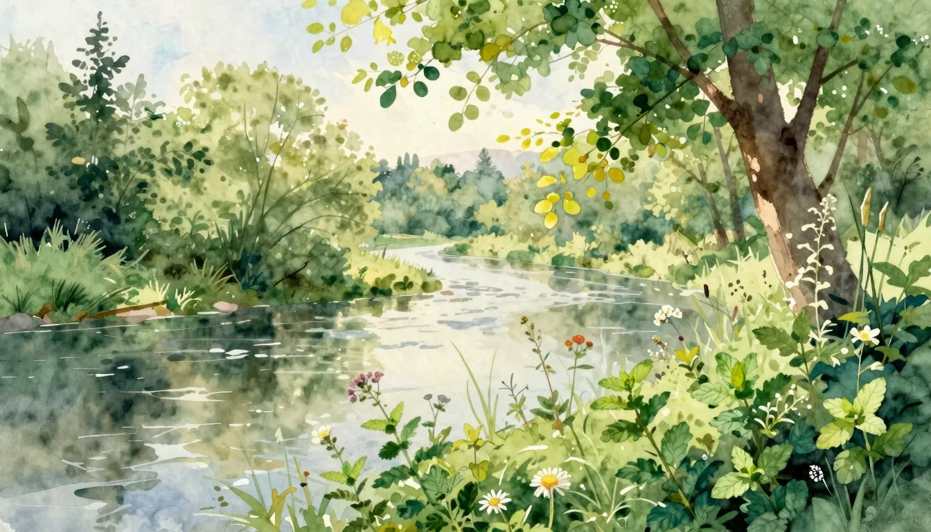 Vibrant watercolor style. A serene morning landscape by a ri...