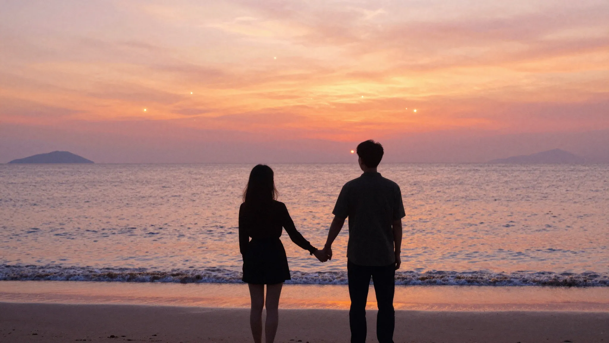 Watercolor style. A romantic sunset over a calm ocean, two d...