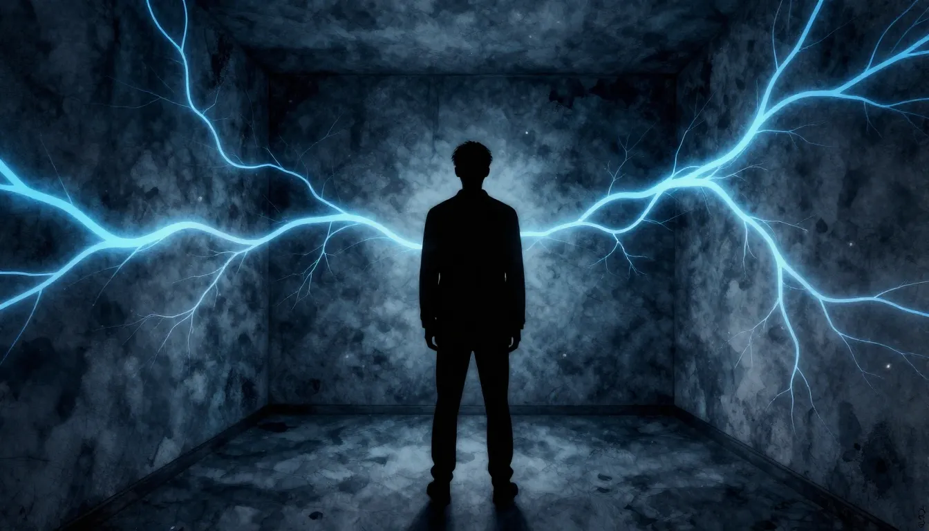 Watercolor style. A silhouette of a person standing in a dar...