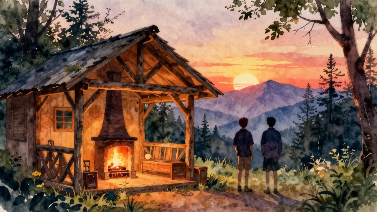 Vibrant watercolor style. A cozy rustic gazebo in a forest a...