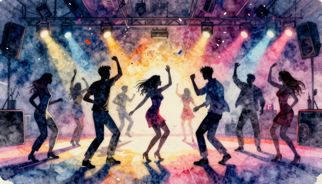 Watercolor style. A vibrant dance floor with colorful neon l...