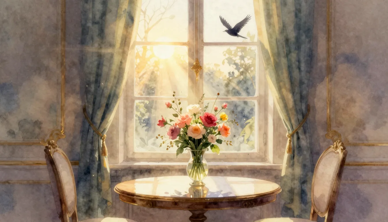 Watercolor style. A beautiful glowing sun ray shining throug...