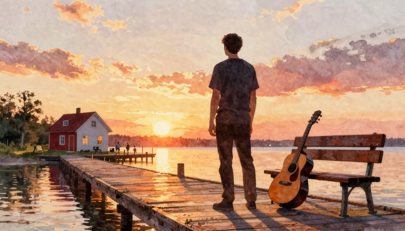 Vibrant watercolor style. A warm silhouette of a man standin...