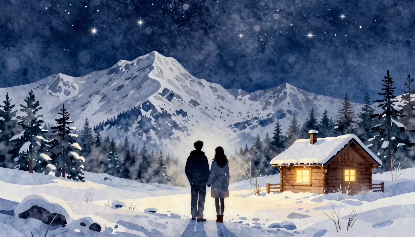 Watercolor style. Silhouette of a couple standing in a snowy...