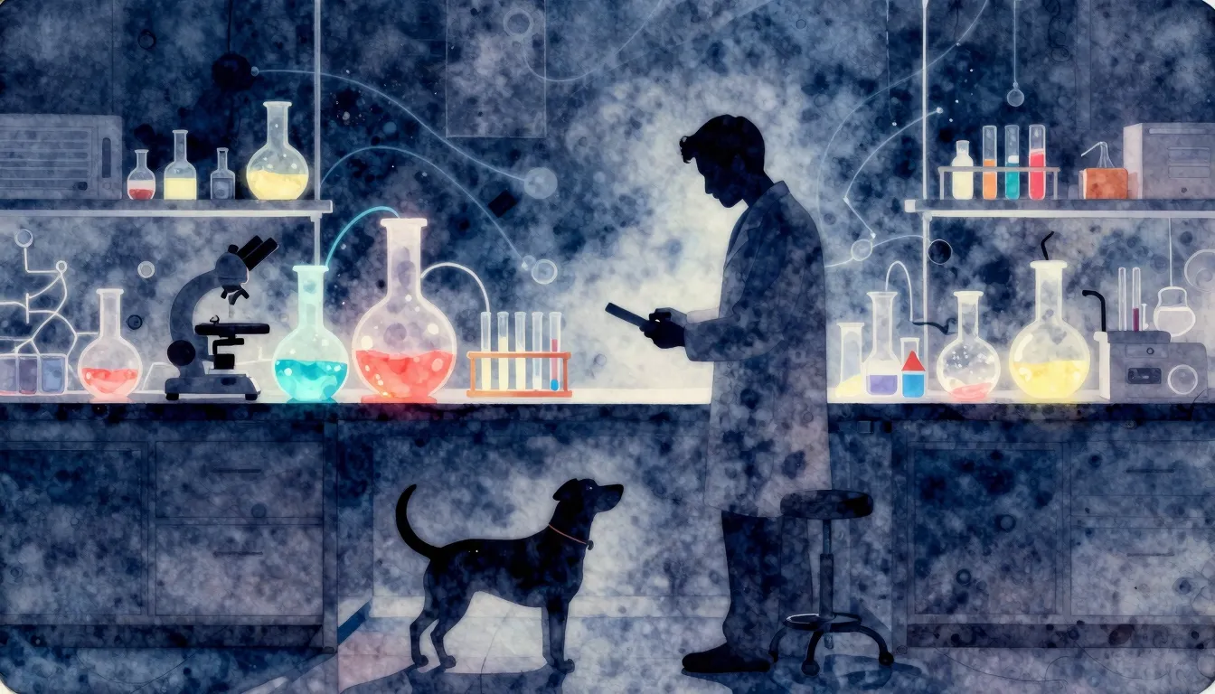 Watercolor style. Silhouette of a scientist and a dog in a l...