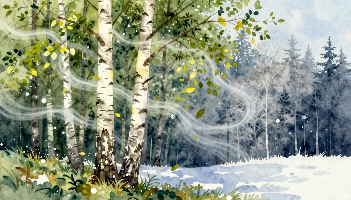 Watercolor style. A slender birch tree on the edge of a fore...