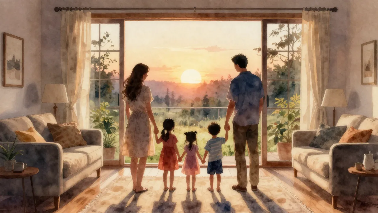 Watercolor style. A cozy living room at sunset, warm light, ...
