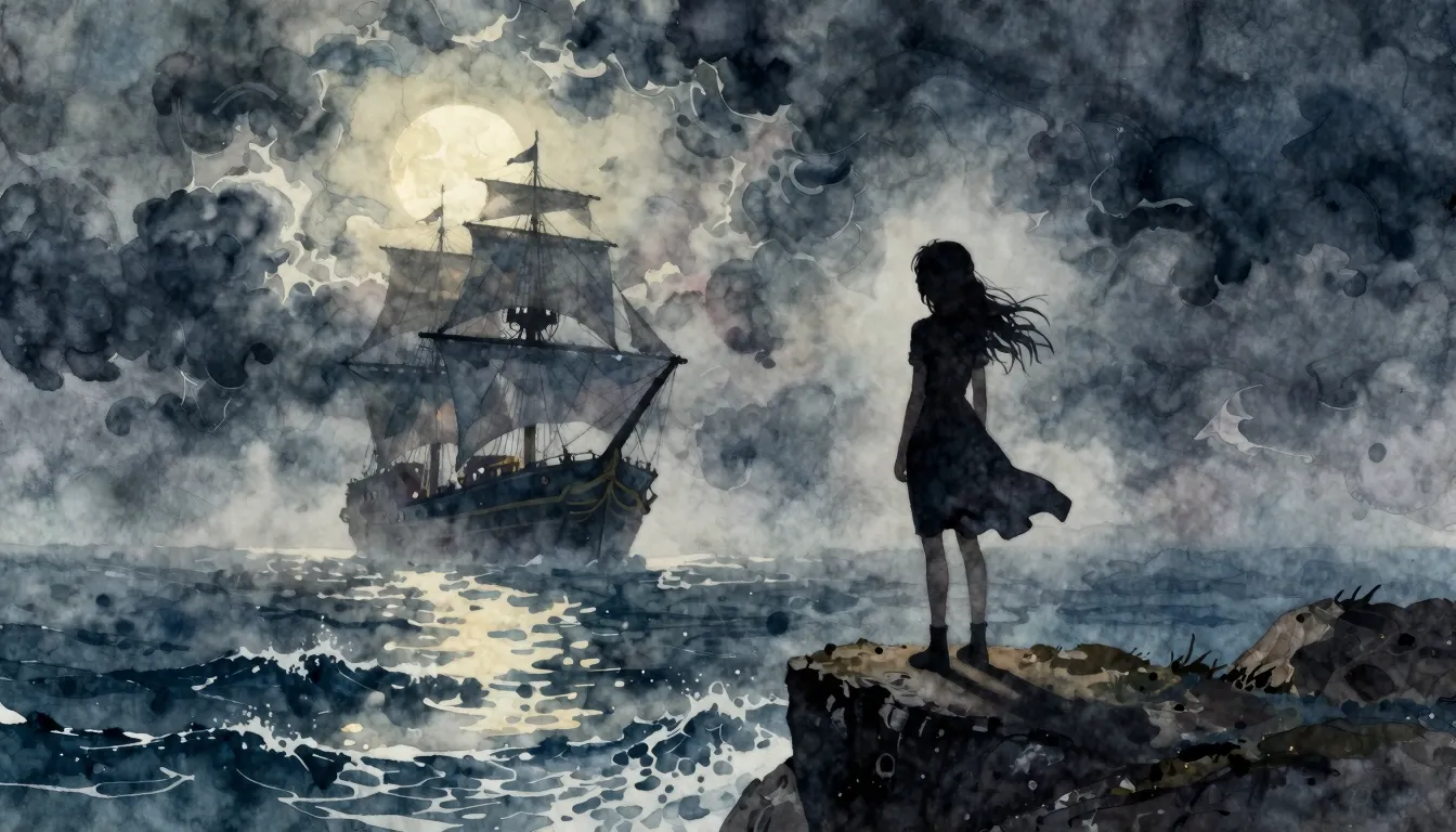 Watercolor style. Silhouette of a girl standing on a cliff, ...