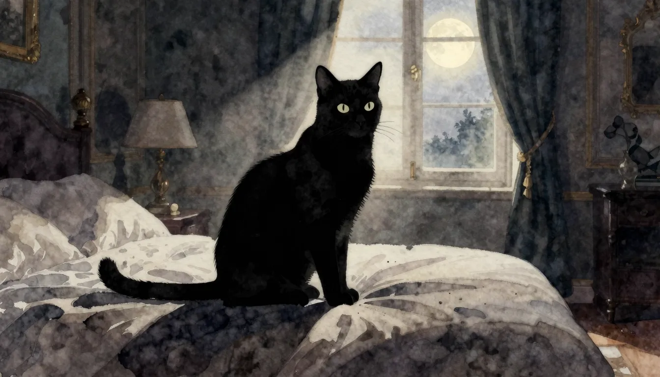 Watercolor style. Silhouette of a majestic black cat sitting...