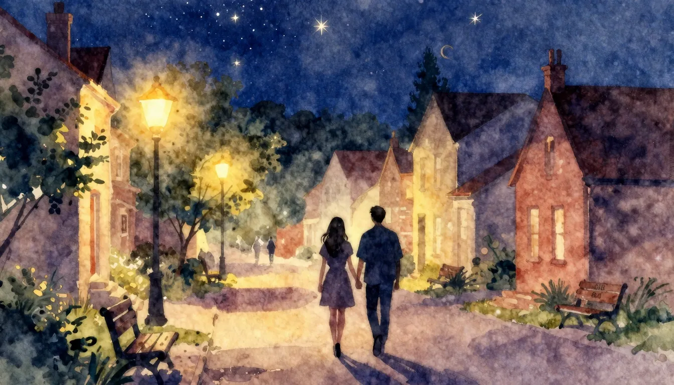 Vibrant watercolor style. A romantic atmosphere in a small t...