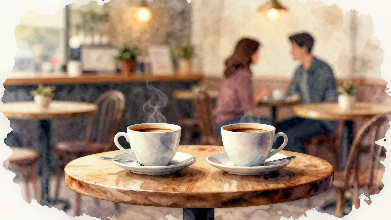 Watercolor style. A cozy cafe table with two cups of coffee,...