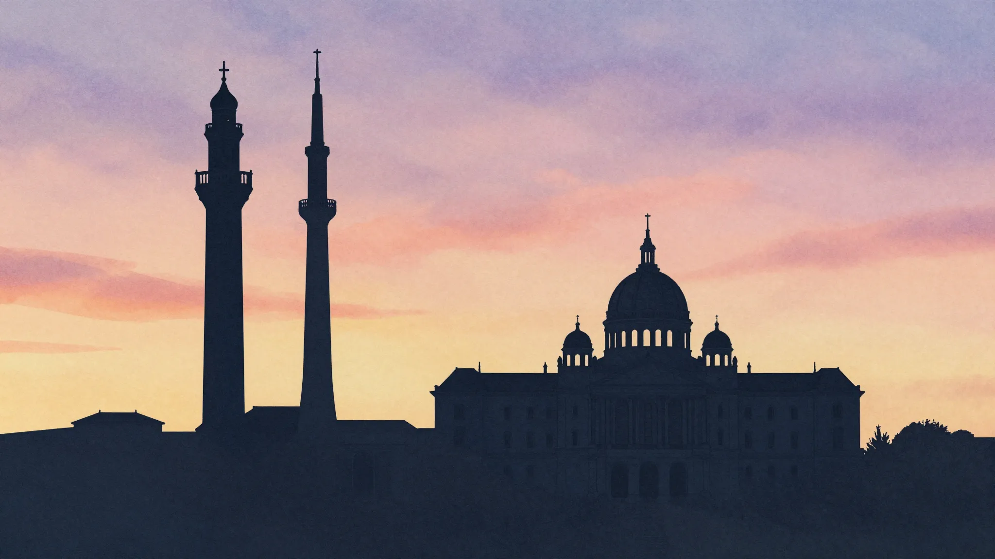Watercolor style. Silhouette of a tall classic tower and a g...