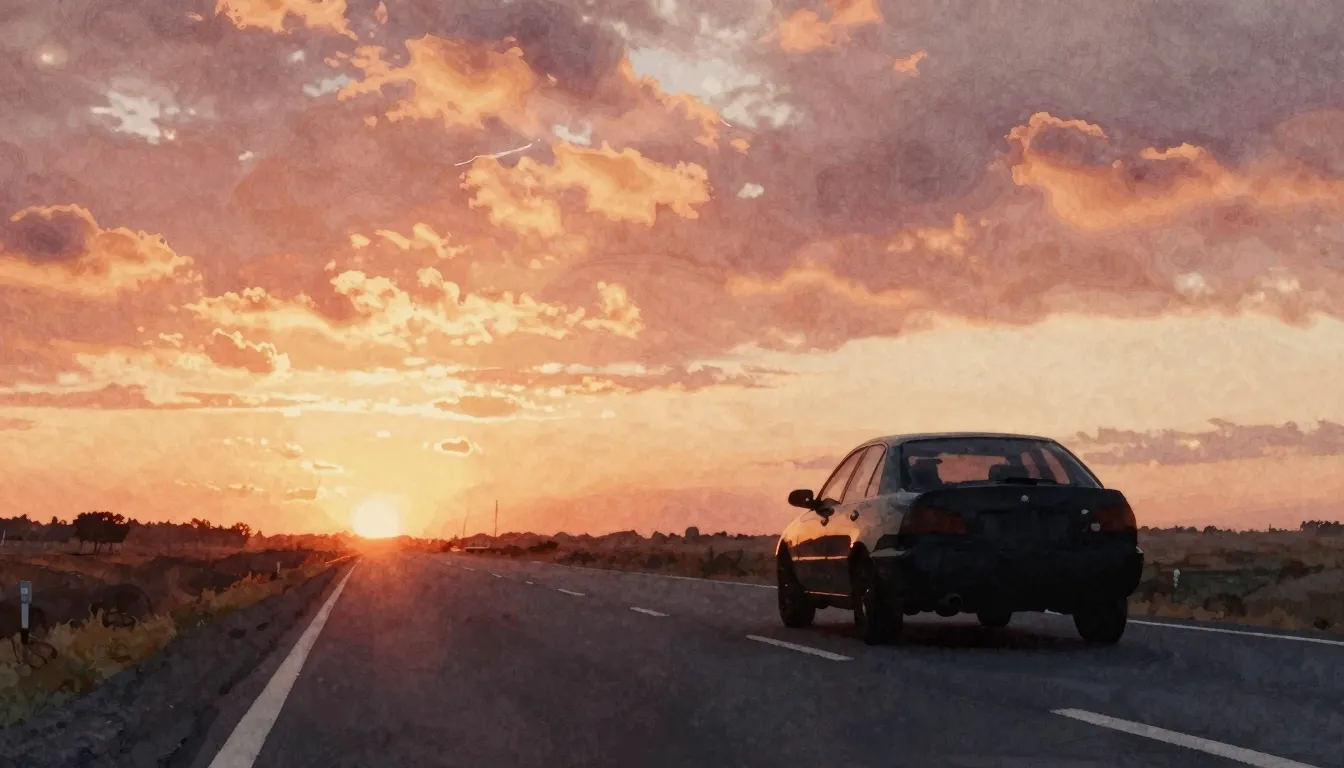 Watercolor style. Silhouette of a car on a lonely road at su...