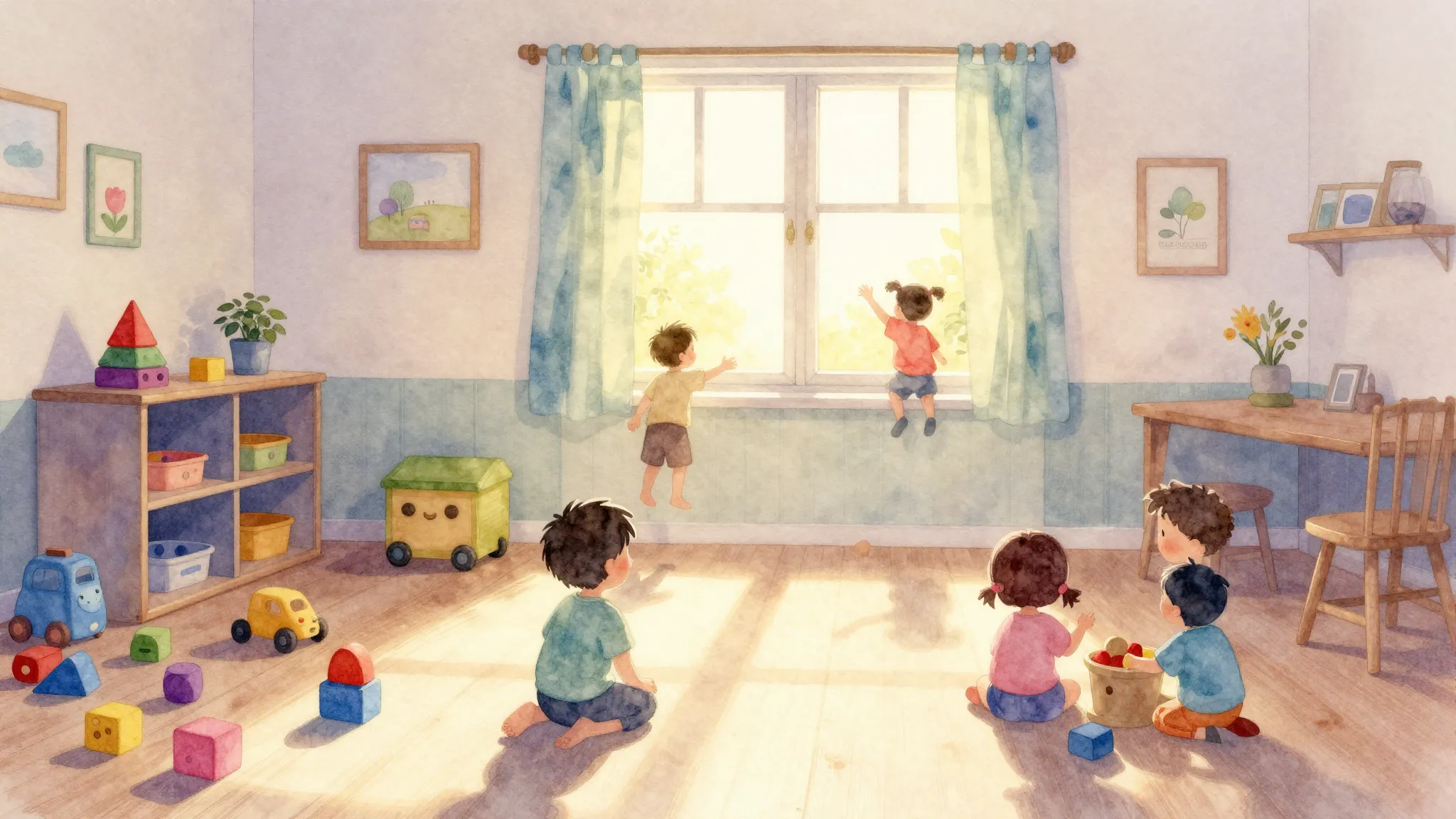 Watercolor style. A cozy kindergarten room with scattered to...