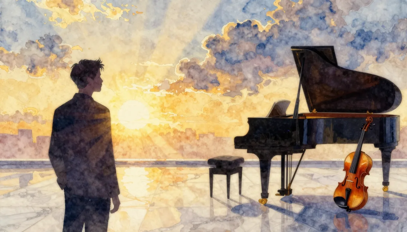 Vibrant watercolor style. Elegant classical music album cove...