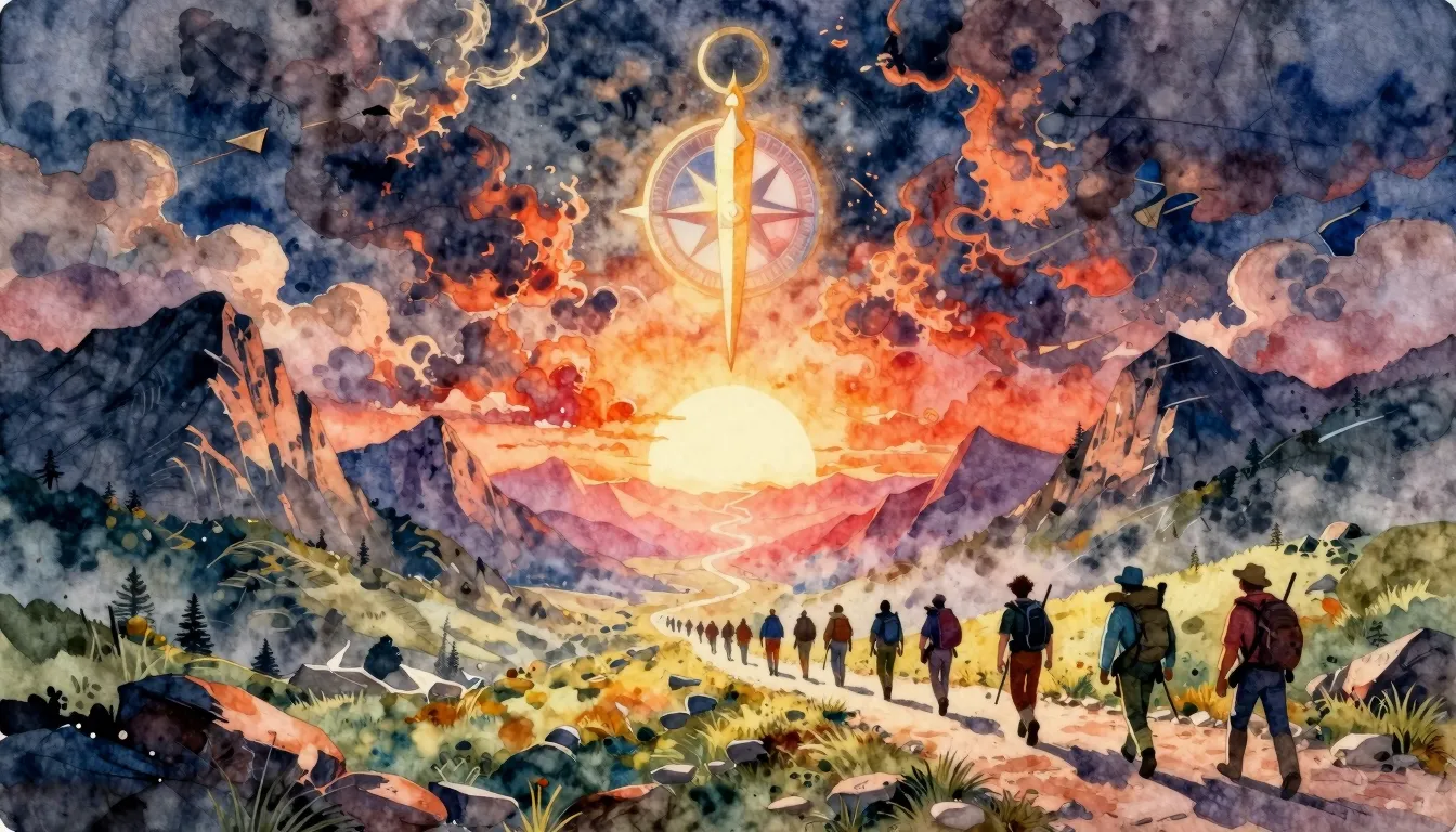 Vibrant watercolor style. Power metal album cover, epic land...
