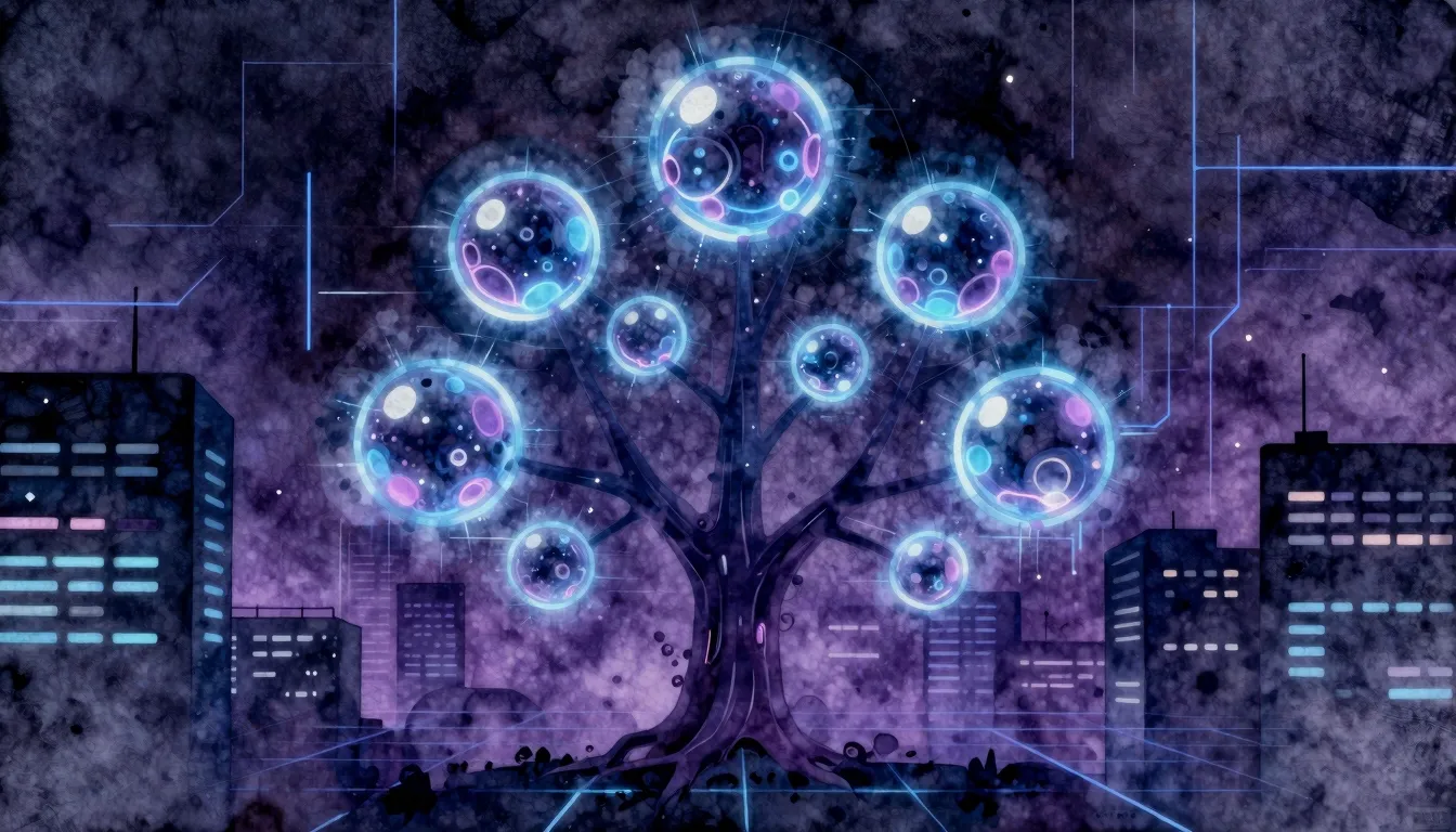 Watercolor style. A glowing neon tree with 10 interconnected...