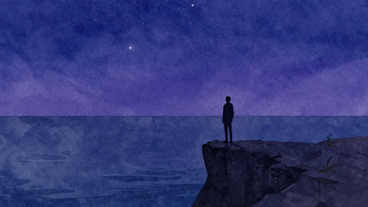 Watercolor style. A silhouette of a person standing on a cli...